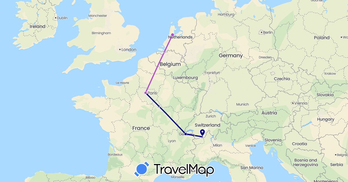 TravelMap itinerary: driving, train in Switzerland, France, Netherlands (Europe)